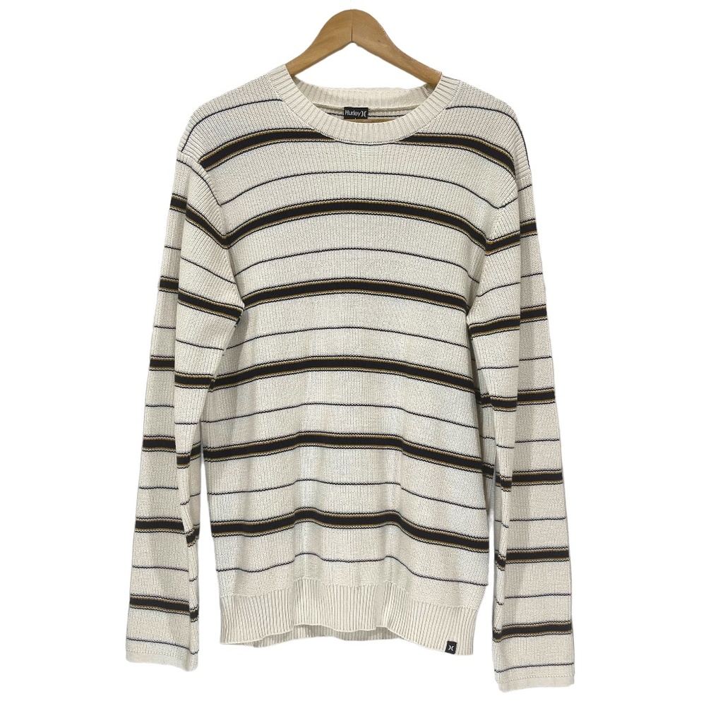 Hurley Men's Off-White Black Gold Striped Knit Crewneck Sweater, Size Large